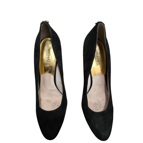 Michael Kors Black Suede Pointed Toe Pump High Heels Gold Accents Size 9.5M - Picture 1 of 13